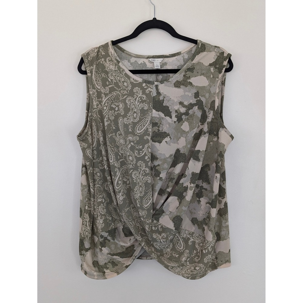 Cato Womens Large Twist Front Sleeveless Top Green Paisley Camo Mixed Print NWT